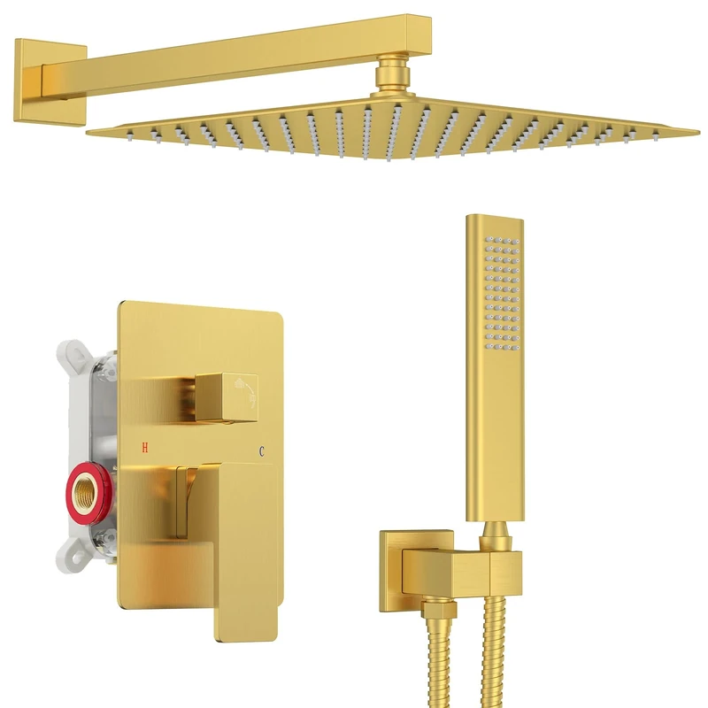 Iriber Champagne Bronze Rain Shower System with 12 Inch Shower Head and Handheld Bathroom Wall Mounted Brushed Golden Shower Set Contain Shower Faucet Mixer and Brush Gold Trim Kit (Valve Included)