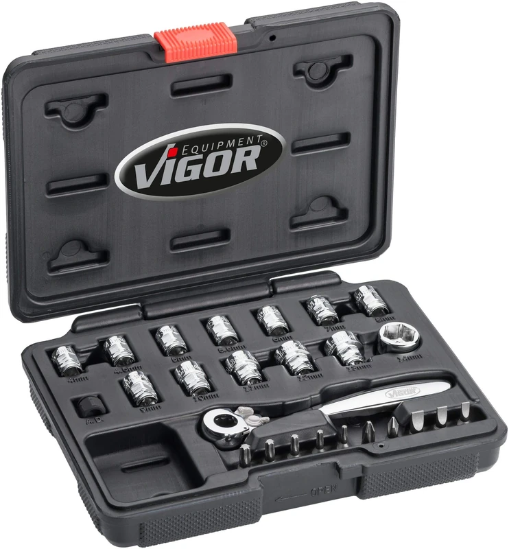 Vigor Set (6.3 mm (1/4 inch) Square Drive, Super Flat Reversible Ratchet, 20 mm Flat, Various Socket Wrenches and bits, 25 Pieces, V5202, Black