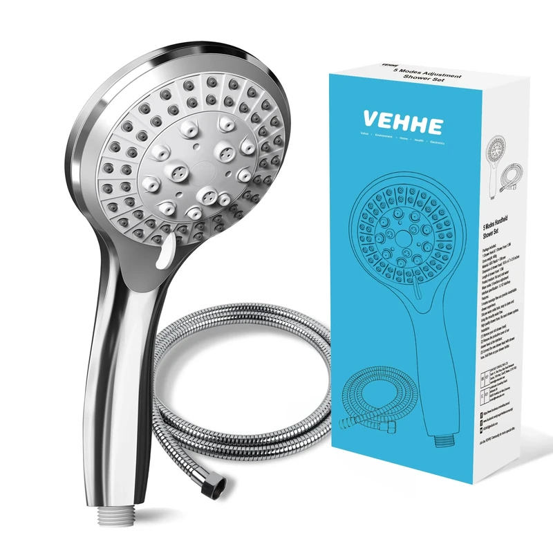 VEHHE Shower Head Powerful Flow with 1.5m Chrome Hose Pressure Boosting Shower Head Spray with 5 Modes Water Saving Bathing for Adults Children Pets Home and Gym Use