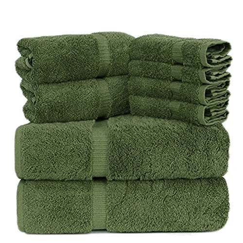 Towel Bazaar Luxury Hotel and Spa Quality Dobby Border 100% Turkish Cotton Eco-Friendly and Highly Absorbent Towel Set (Set of 8, Moss Green)
