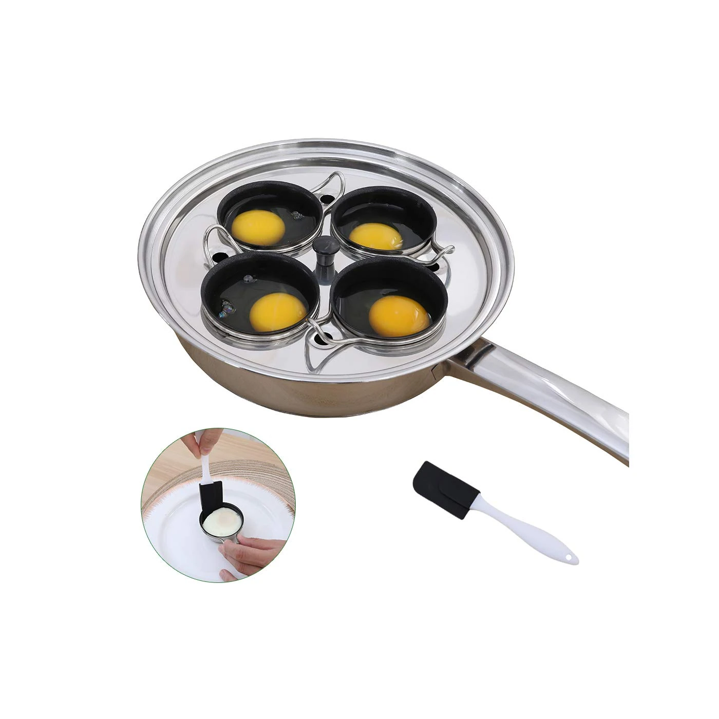 Egg Poacher Pan - Stainless Steel Poached Egg Cooker – Perfect Poached Egg Maker – Induction Cooktop Egg Poachers Cookware Set with 4 Nonstick Large Silicone Egg Poacher Cups