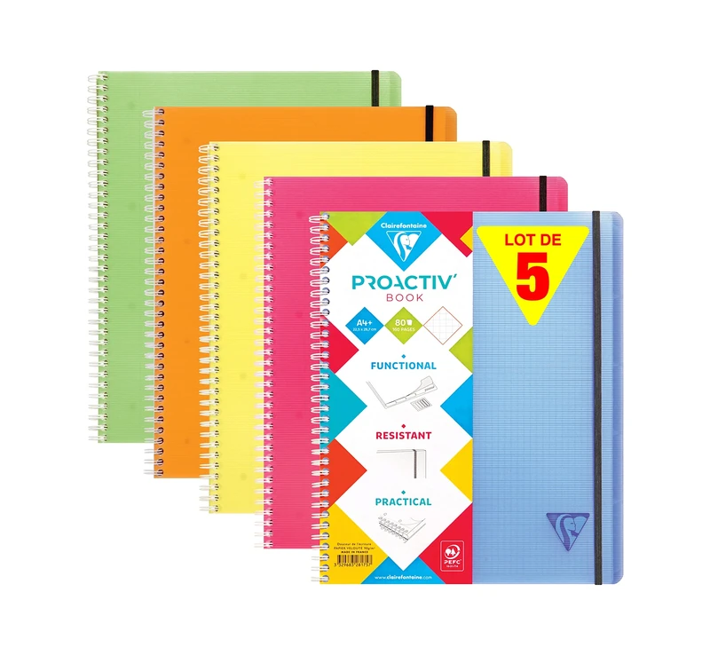 Clairefontaine 328175C LiniColour Set of 5 Proactiv'Book Notebooks A4+ 22,5x29,7 - 160 Perforated Pages Small Squares - Paper 90g Polypro Cover Random Colours