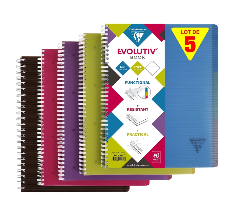 Clairefontaine 329156C LiniColour Set of 5 Notebooks Evolutiv'Book A4+ 22,5x29,7 - 240 Lined Pages - White Paper 90g - Transparent Polypro Cover Random Colours