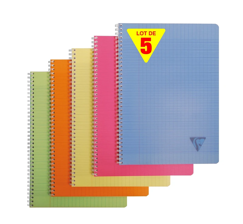 Clairefontaine 328116C Collection LiniColour Fresh Set of 5 Spiral Notebooks A4 21x29,7cm - 180 Seyes Pages White Paper 90g - Clear Polypro Cover Random Colour