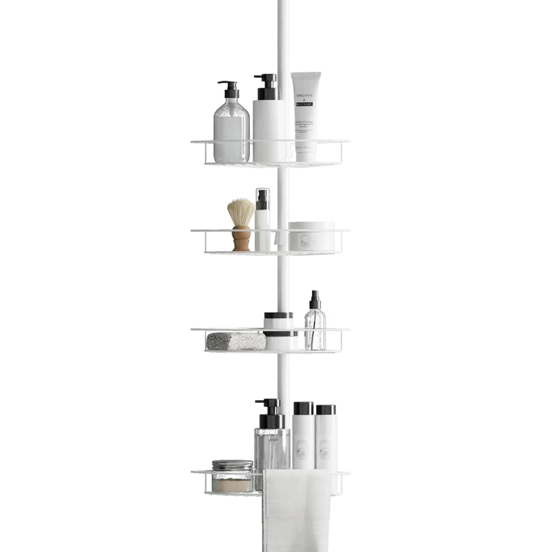 Zenna Home Tension Pole Shower Caddy, 4 Basket Shelves with Built-In Towel Bars, Adjustable, 60 to 97 Inch, White
