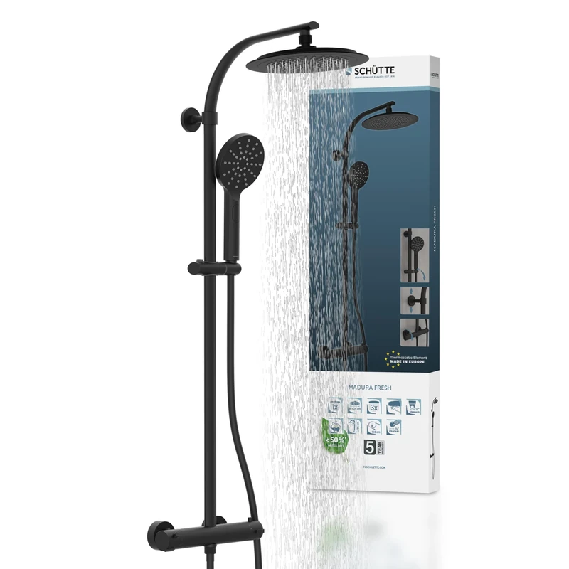 SCHÜTTE 60076 Madura Fresh Shower Set with Large Rain Shower Diameter 24 cm and Hand Shower, Thermostat Fitting with Safety Lock at 38 °C, Complete Installation Set, Matte Black
