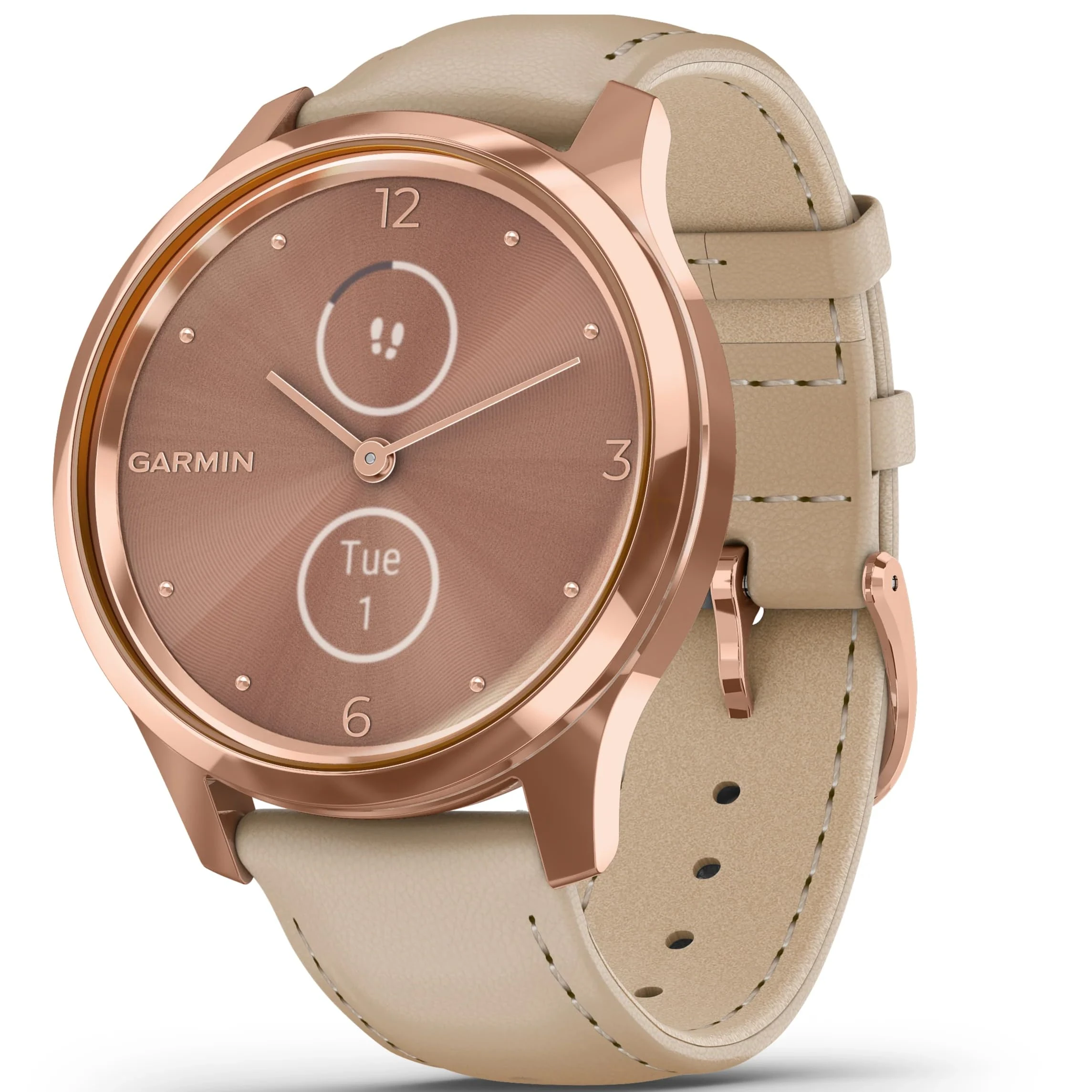 Garmin vivomove Luxe, Hybrid Smartwatch with Real Watch Hands and Hidden Color Touchscreen Displays, Rose Gold with Light Sand Leather Band