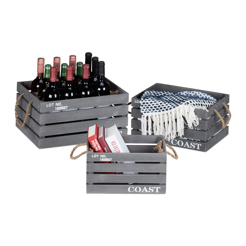 Relaxdays Vintage Wooden Crate Set of 3, Maritime Look with Slogan, Boxes in 3 Sizes, Handles, Grey