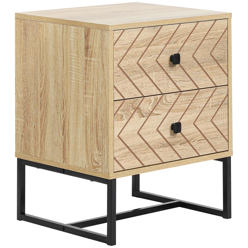 HOMCOM Bedside Table Nightstand Two-Drawer Bedroom Storage Unit Zig Zag Design with Black Metal Handles, Natural - Image 1