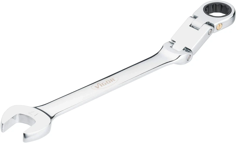 Vigor V6752-17 Ratchet Ring Spanner (Double Joint with Fine Toothed Ratchet Mechanism on The Ring Side) Silver