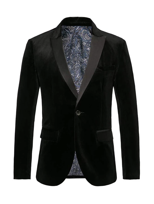 THWEI Mens Velvet Blazer Slim Fit Suit Jacket One Button Tuxedo Blazer Wedding Prom Dinner, Black, XL - Image 1