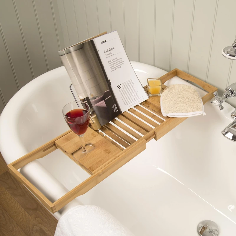 Croydex Extendable Bamboo Bath Board for Women, Wooden Bath Tray with Book Rest & Glass Slot - No Assembly Required, Adjustable Bath Table Tray, Natural Bamboo Bath Tray for Home Spa Experience