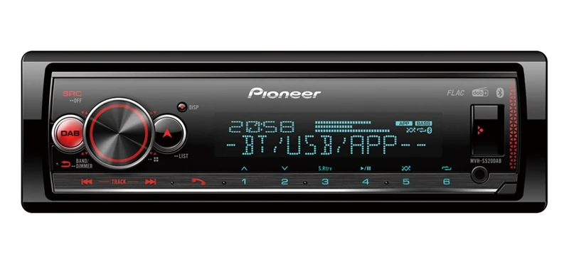 Pioneer MVH-S520DAB 1-DIN receiver with DAB/DAB+, Bluetooth, multi colour illumination, USB, Spotify, Pioneer Smart Sync App and compatible with Apple and Android devices.