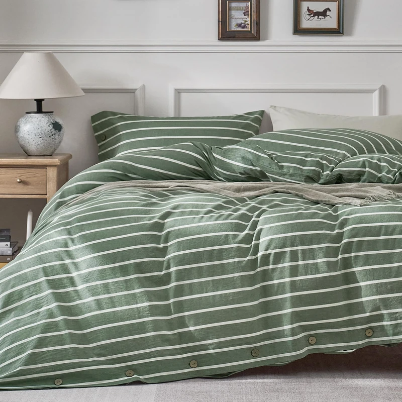 JELLYMONI Cotton Duvet Cover King Size - Green Striped Comforter Cover with Button 100% Washed Cotton 3PCS Breathable Soft Solid Bedding Set Duvet Cover 104×90in & 2 Pillowcases (NO Comforter)