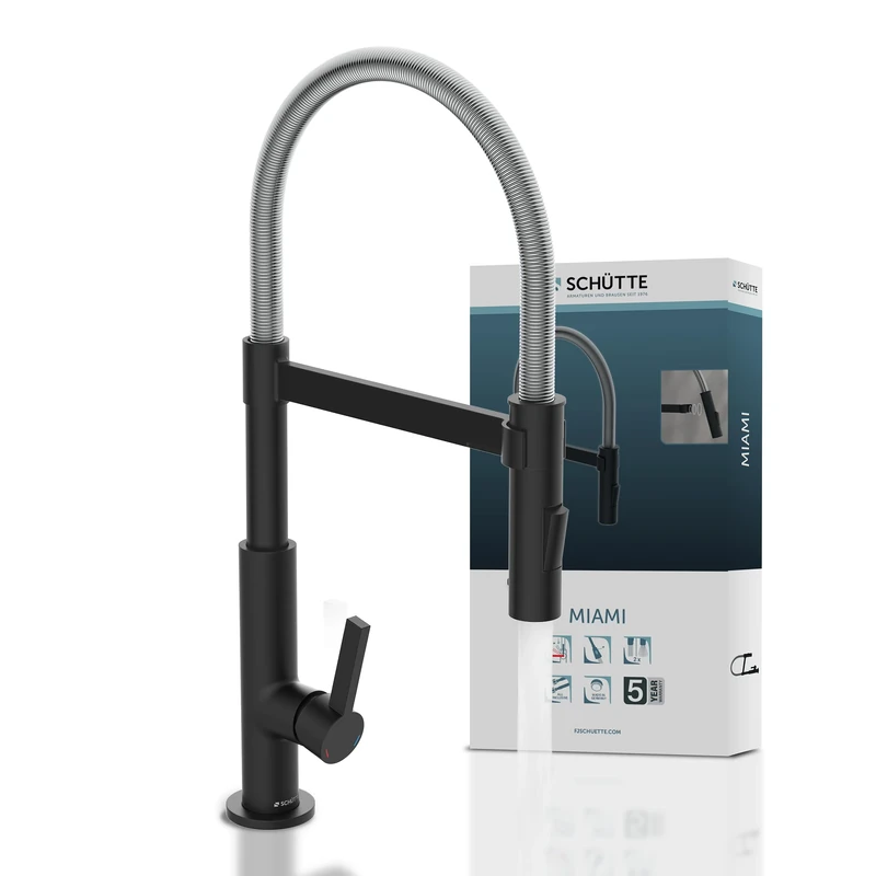 SCHÜTTE Miami 79146 Kitchen Tap 360° Single Lever Mixer Tap with Extendible Magnetic Dish Rinser Kitchen Sink Mixer Tap Black