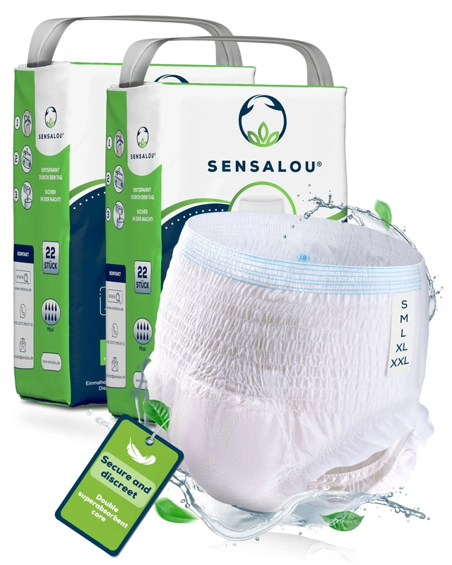 Sensalou Incontinence Pants for Adults M 44 Pack – Pull-Up Diapers for Heavy Bladder Leaks – Disposable Underwear with 3020ml Absorbency – Medium Size 90-130 cm Waist – Unisex Hygiene Protection