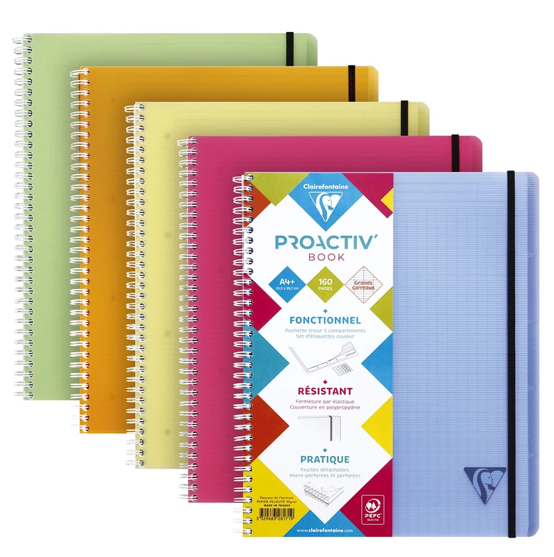 Clairefontaine 328171C LiniColour Set of 5 Proactiv'Book Notebooks A4+ 22,5x29,7 - 160 Pages 4 Holes, Seyes - White Paper 90g - Polypro Cover - Random Colours
