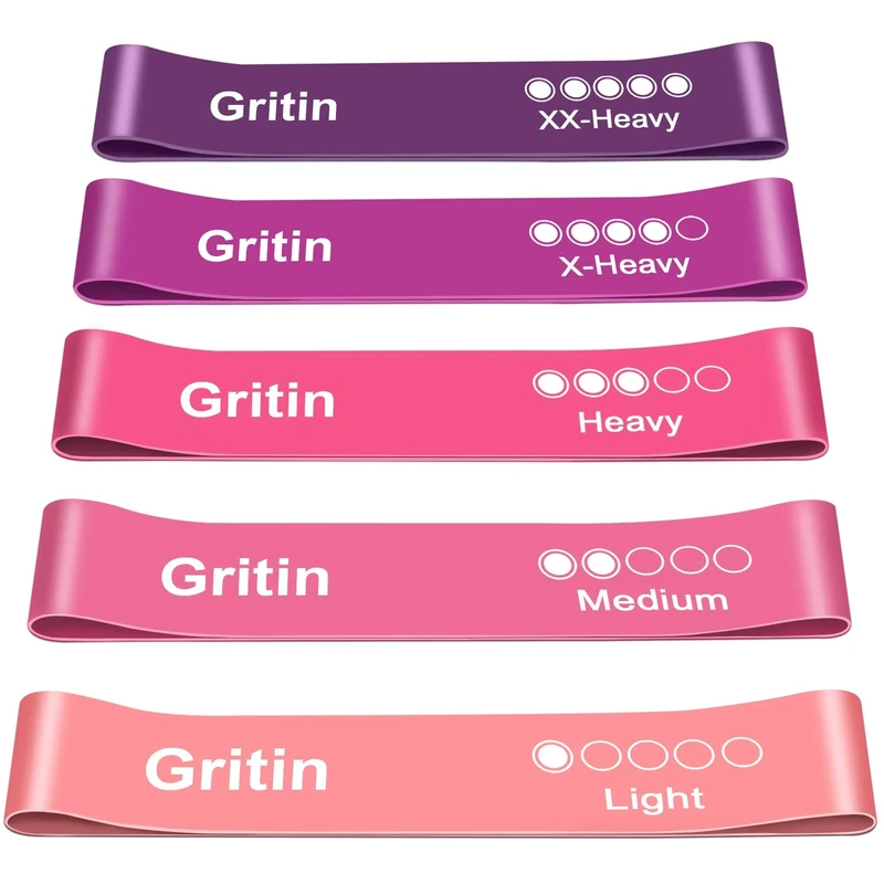 Gritin Resistance Bands, Set of 5 Skin-Friendly Resistance Fitness Exercise Loop Bands with 5 Different Strength Levels - Carrying Case Included - Ideal for Home, Gym, Yoga, Training