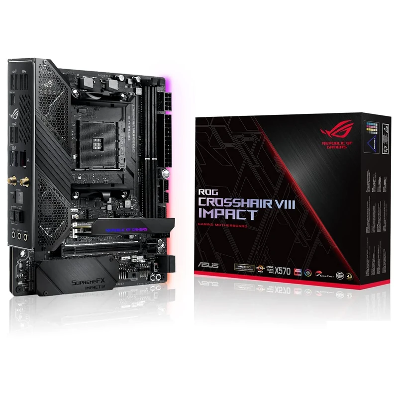 ASUS ROG Crosshair VIII Impact, X570, Mini-DTX Gaming Motherboard, AMD, AM4, Ryzen 3000, 10 Power Stages, PCIe 4.0, M.2, DDR4, OptiMem III, Wi-Fi 6 (802.11ax), Intel LAN, USB 3.2, Aura Sync, SATA, SFF