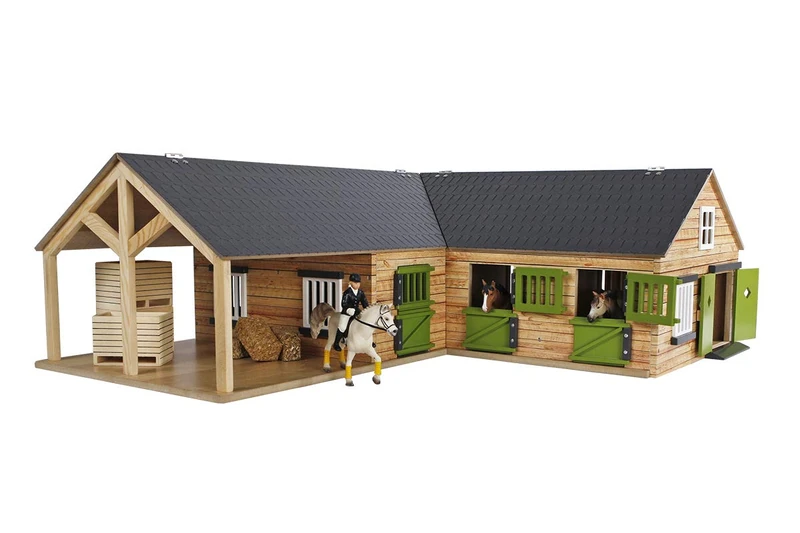 Kids Globe Farming Horse Stable Wood 1:24 with 3 Boxes, Horse Farm Toy with Practical Folding Roof, for All Standard Animal Figures 610211