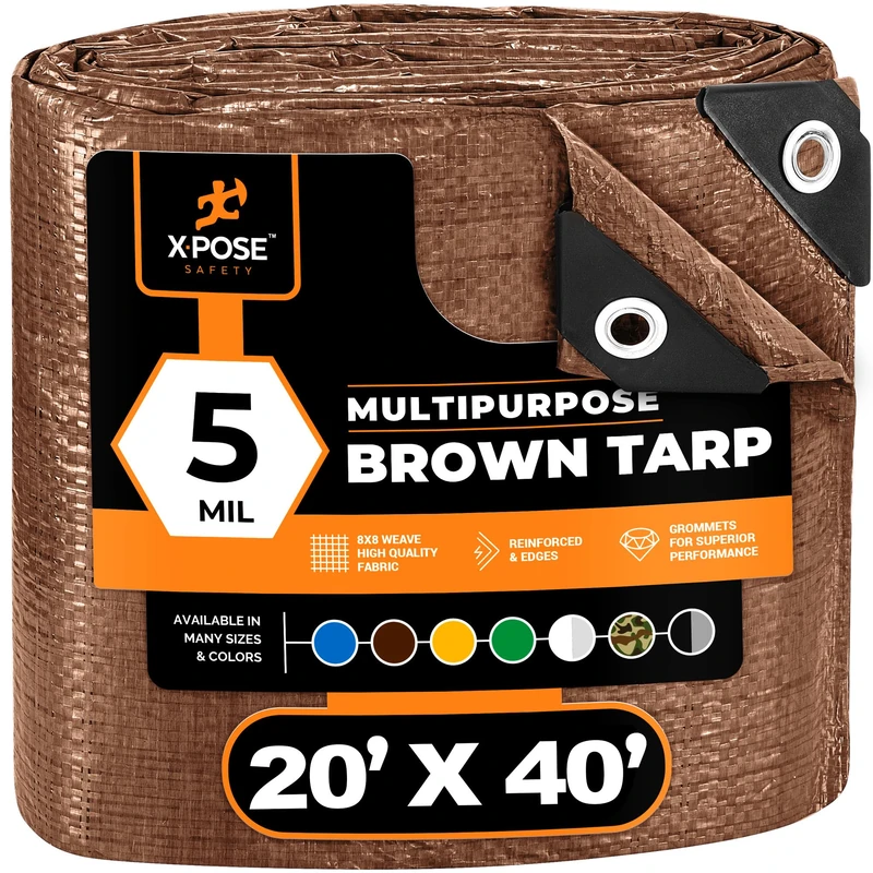Multipurpose Protective Cover Brown Poly Tarp 20' x 40' - Durable, Water Resistant, Weather Resistant - 5 Mil Thick Polyethylene - by Xpose Safety