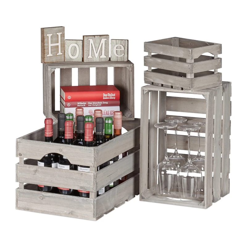 Relaxdays Wooden Crate Set of 4, Decoration & Storage, 4 Different Sizes for Wine, Decor & Books, Shabby Look, Grey