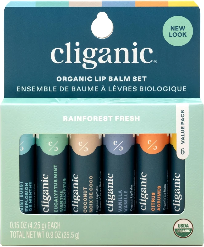 Cliganic USDA Organic Lip Balm Set - 6 Flavors - 100% Natural Moisturizer for Cracked & Dry Lips