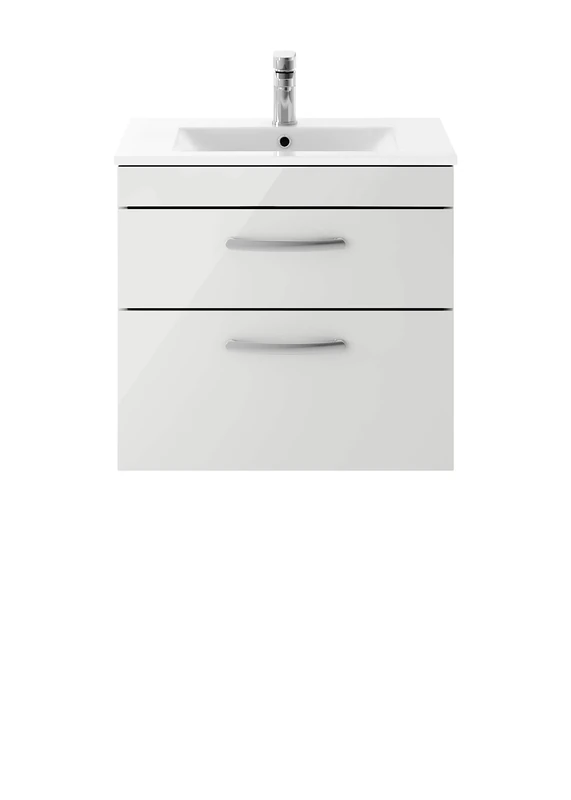 Nuie ATH110B Athena ǀ Modern Bathroom Wall Hung Contemporary Double Soft Close Drawer Vanity Unit with One Tap Hole Minimalist Slimline Profile Ceramic Basin, 600mm, Gloss Grey Mist