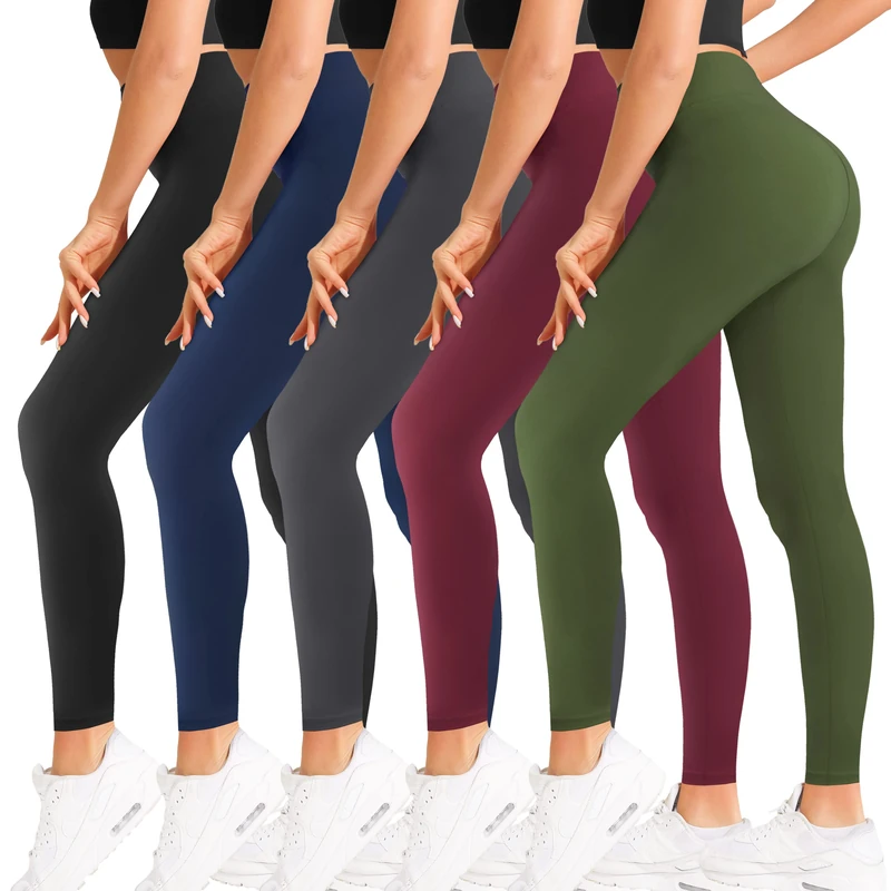Natural Feelings High Waisted Leggings for Women Ultra Soft Stretchy Opaque One Size Plus Size, Pack of 5 - Black/Navy/Dark Grey/Wine/Olive Green, Mehr Größe