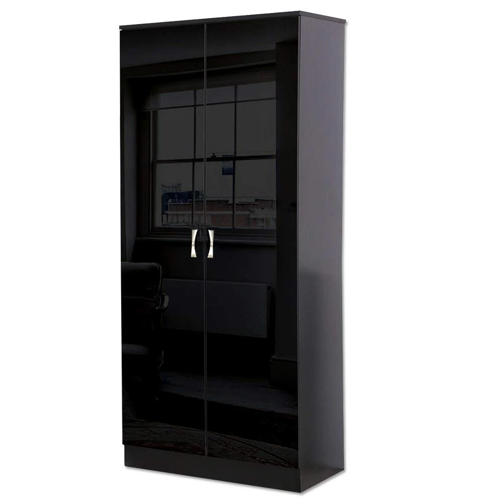 FWStyle Chilton High Black Gloss Bedroom 2 Door Wardrobe Modern Furniture Polished Metal Handles