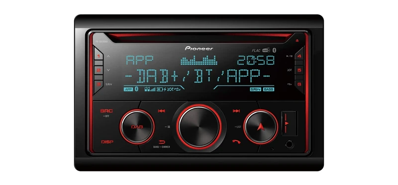 Pioneer FH-S820DAB 2-DIN CD Tuner with DAB/DAB+, Bluetooth, multi colour illumination, USB, Spotify, Pioneer Smart Sync App and compatible with Apple and Android devices.
