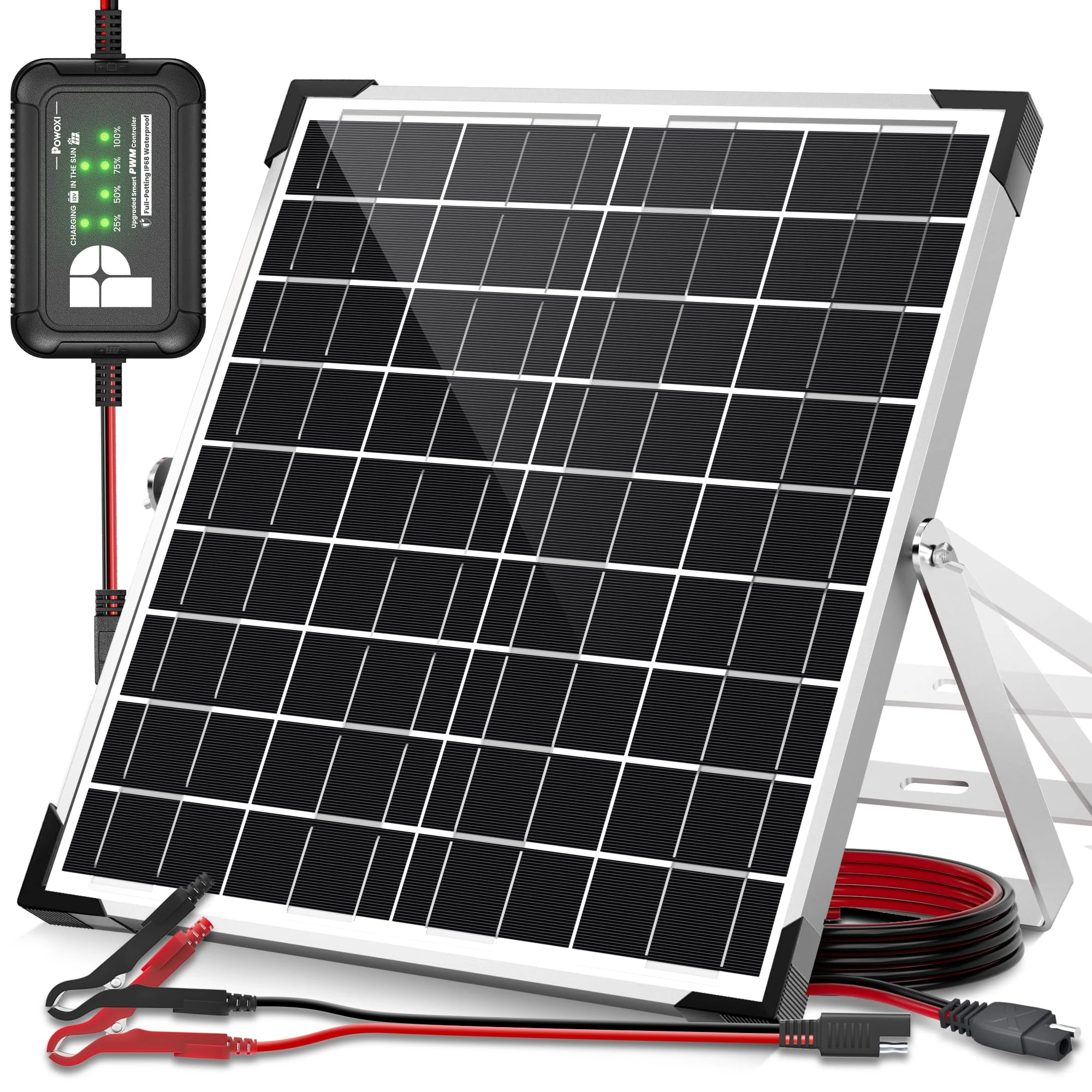 POWOXI 20W Solar Panel，12V Solar Panel Charger Kit + 8A Controller， Suitable for Automotive, Motorcycle, Boat, ATV, Marine, RV, Trailer, Powersports, Snowmobile etc. Various 12V Batteries.
