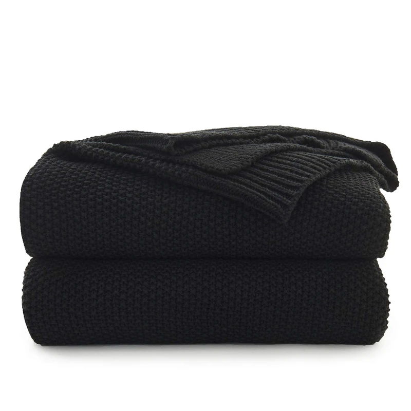 Black Cotton Cable Knit Throw Blanket for Couch Sofa Chair Bed Home Decorative, 3.4 Pounds 60 x 80 Inch Woven Throw Blankets with Bonus Laundering Bag