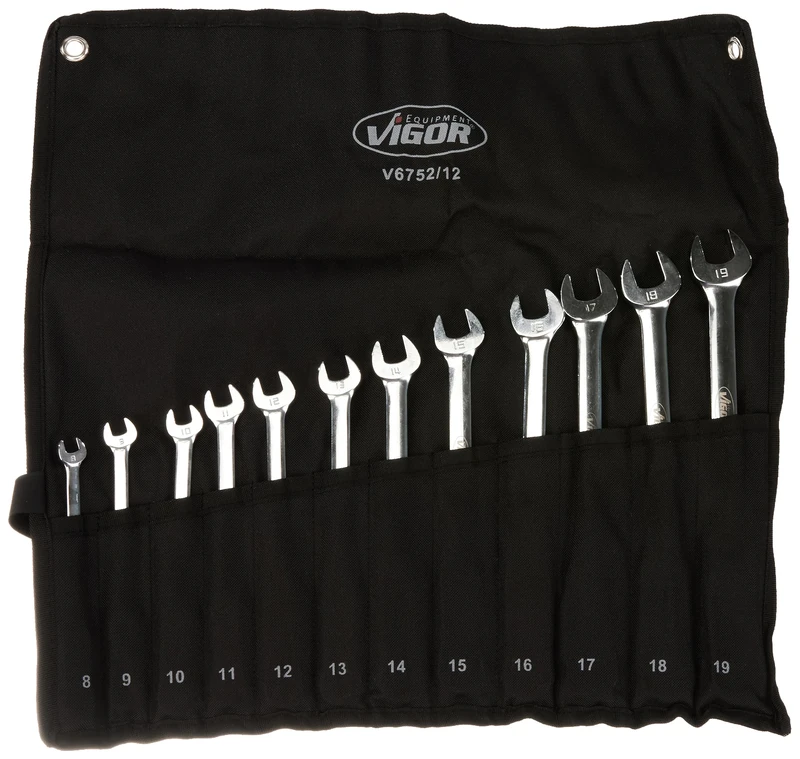 Vigor V6752/12 Ratchet Ring Spanner Set (Double Joint, Fine Toothed Ratchet Mechanism on The Ring Side 12 Pieces in Practical Rolling Bag) Silver