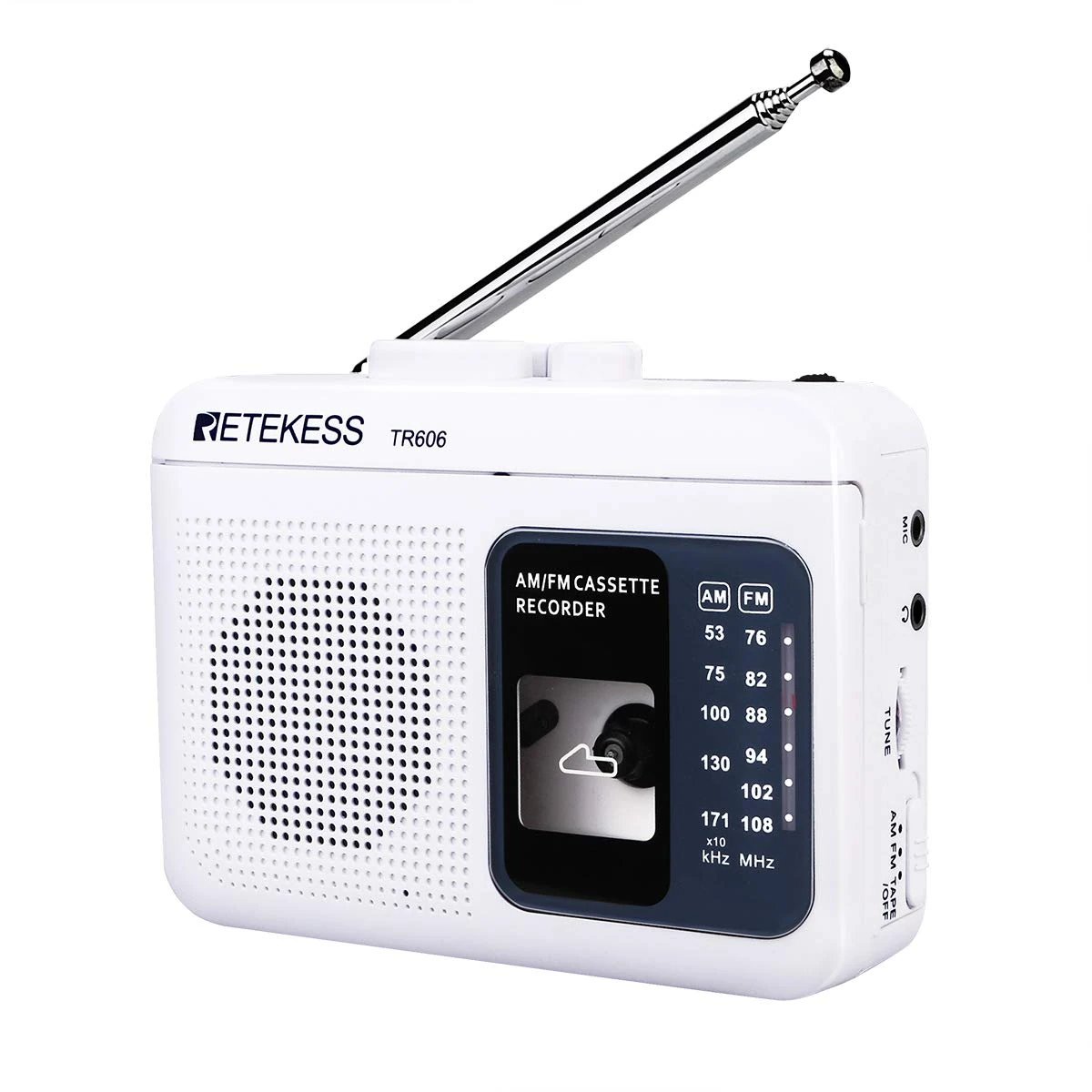 Retekess TR606 Portable Radio, FM AM Radio with Cassette Playback Voice Recorder,Cassette Recorder, 3.5mm Headphone Jack,Supports Fast Forward and Rewind,Can Play Old Tapes(White)