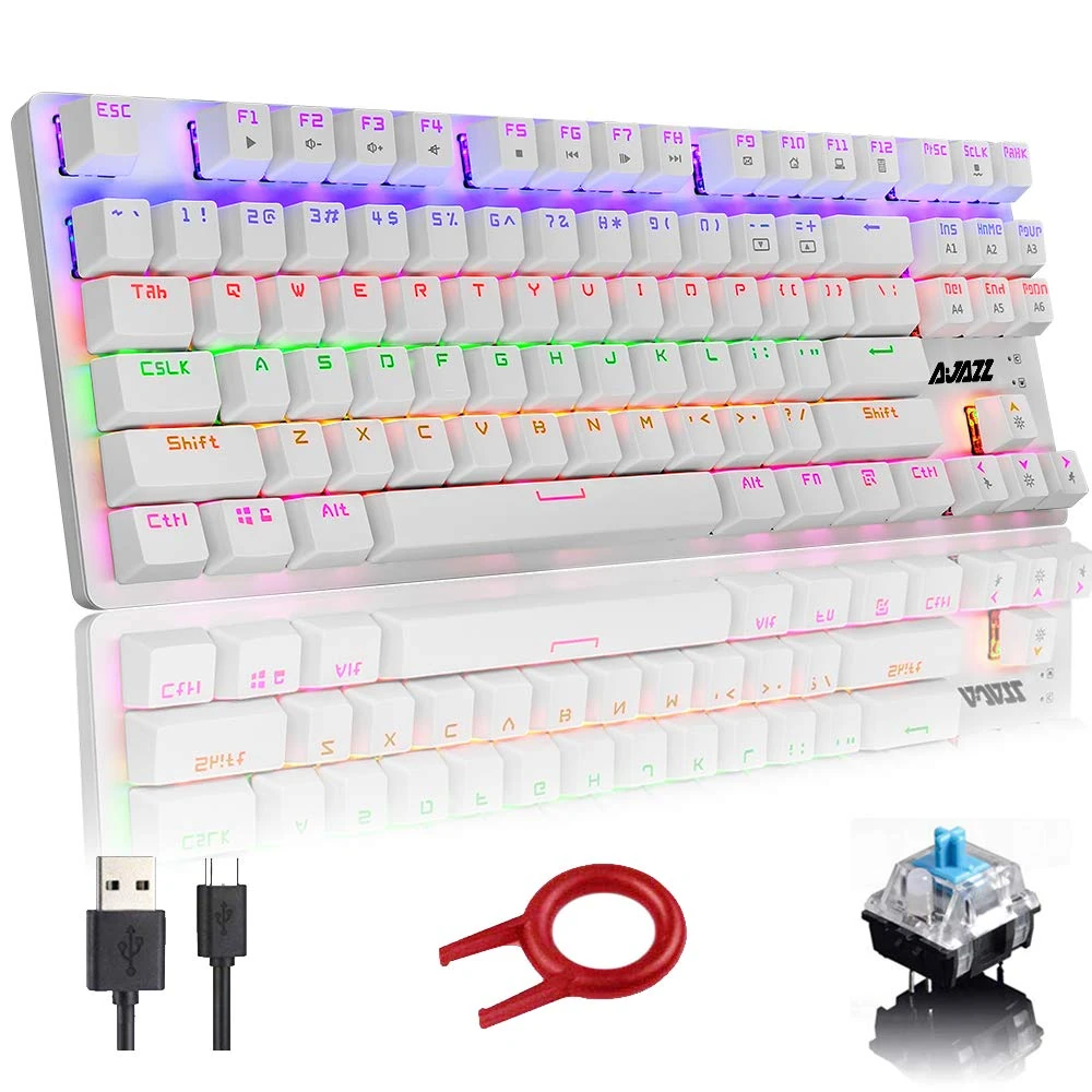 Mechanical Keyboard, 87-key Compact Game Keyboard, Rainbow Mixed LED Backlit Keyboard, 24 Backlit Modes, Blue Switch USB Wired Keyboard, Full Anti-ghosting Key, Ergonomics, For PC Windows Mac–White