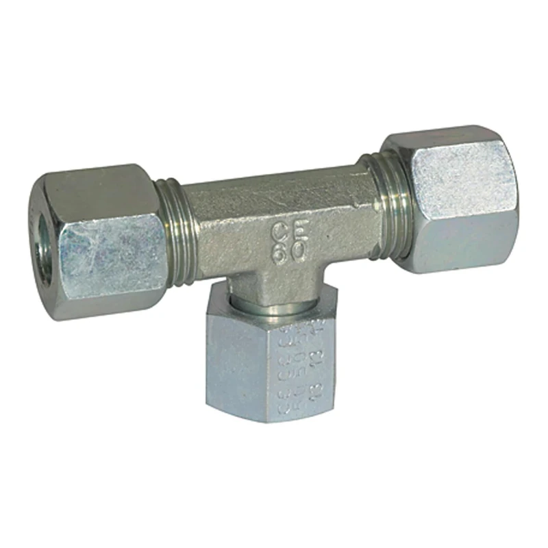 Adjustable T-screw connection, sealing cone, 360° rotating, nut M36 x 2.0 i, pipe outer diameter 28 mm, PN max. 160 bar, galvanised steel
