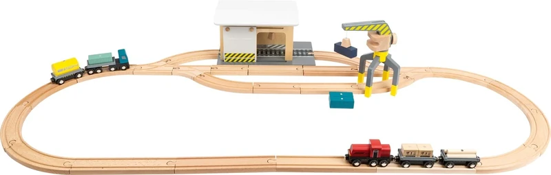 Small Foot 11377 Wooden Freight Train, with A Lorry, A Train Engine, Sliding Doors, 360-Degree Rotatable Crane and Tracks, for Ages 3 Years and up