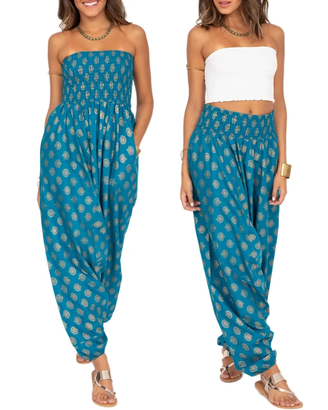 likemary Jumpsuit for Women UK – Printed Cotton Jumpsuit Pulls Down into Elastic Waist Harem Pants – 2-in-1 Summer Trousers with Pockets - Turquoise Gold Print