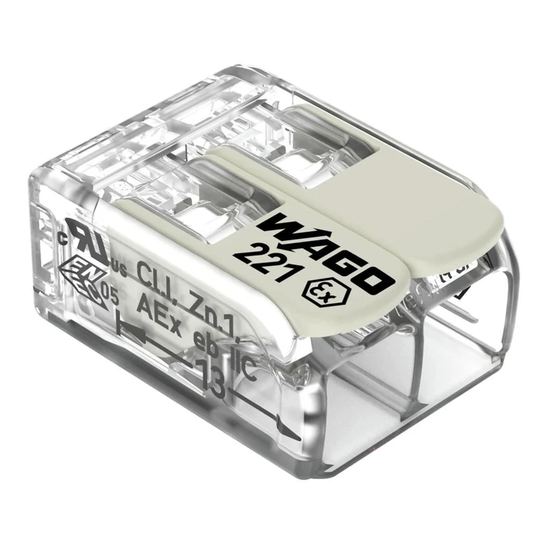 WAGO Compact Splicing Connector, for all conductor types, for Ex e applications, max. 6 mm², 2-conductor, with levers, transparent housing, Operating temperature (max.), 105 °C, 221-682 (50 Pcs) - Image 1