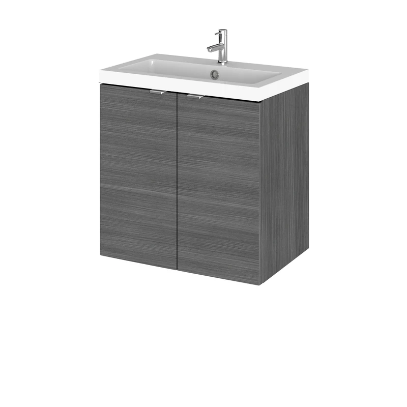 Hudson Reed CBI540 Fusion Modern Bathroom Wall Hung 2 Door Vanity Unit and Polymarble Basin, 579 x 505 x 360mm, Woodgrain Anthracite