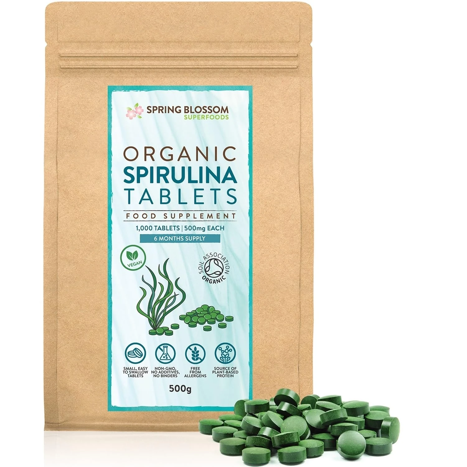 500G Organic SPIRULINA Tablets [1000 x 500mg] Natural Dietary Food Supplement, Premium Quality, Non-GMO Vegan Detox Superfood Rich in Protein, Vitamins, Amino Acids, Iron - Soil Association Certified