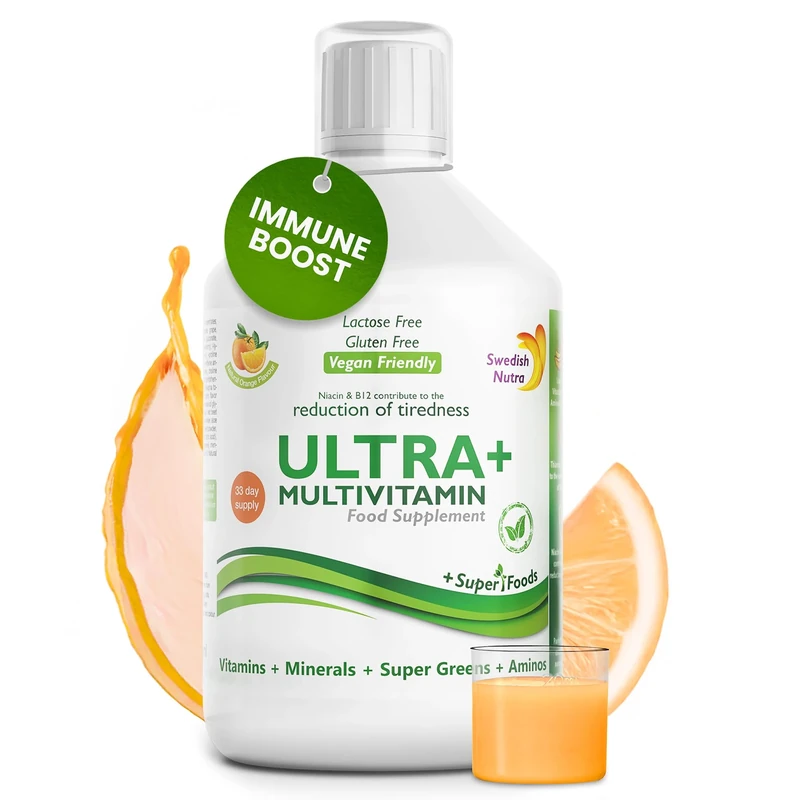 Swedish Nutra - Ultra+ Multivitamin Liquid Food Supplement - Pack of 500 ml, 33 Day Supply | Packed with Vitamins, Minerals, Super Greens & Aminos to Boost Energy & Immunity I Natural Orange Flavour