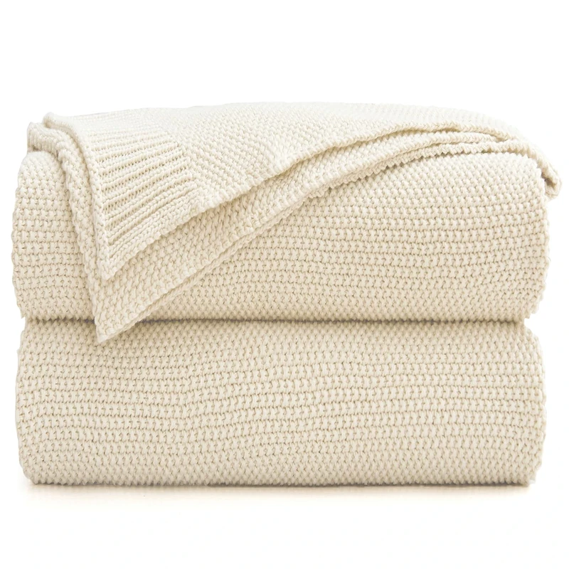 Cream Cotton Cable Knit Throw Blanket for Couch Sofa Bed, Home Decorative Lightweight Woven Throw Blankets with Bonus Laundering Bag, 3.4 Pounds 60 x 80 Beige