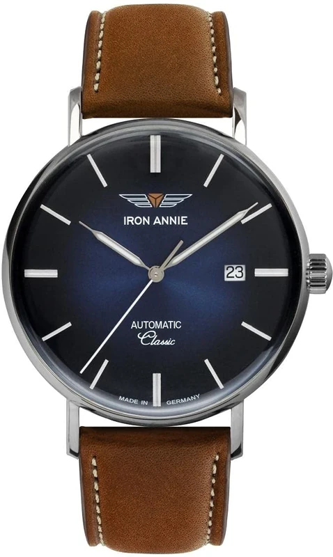 Iron Annie Men's Watch with Leather Strap Classic Automatic Date 5958, Brown Silver, Classic