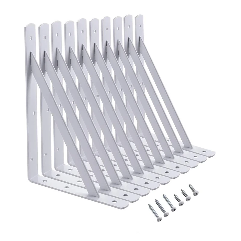 Home Master Hardware 12 inch x 8 inch Heavy Duty Shelf L Brackets Shelf Support Corner Brace Joint Right Angle Bracket White with Screws 10-Pack
