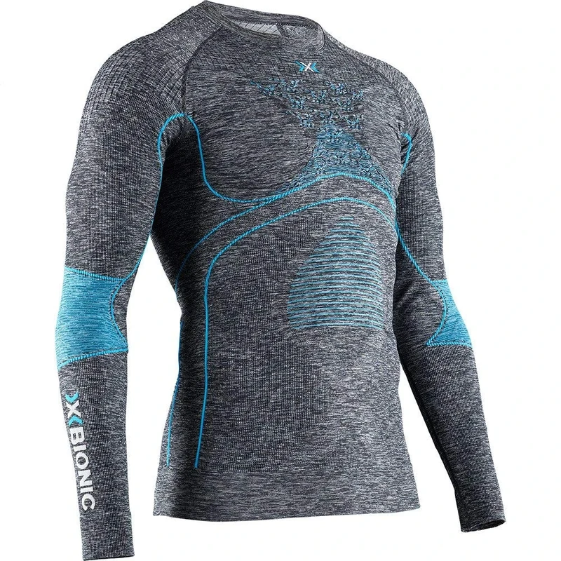 X-BIONIC Energy Accumulator 4.0 Melange Shirt Round Neck Long Sleeves Men Baselayer Functional Sport T-Shirt - Dark Grey Melange/Blue, X-Large