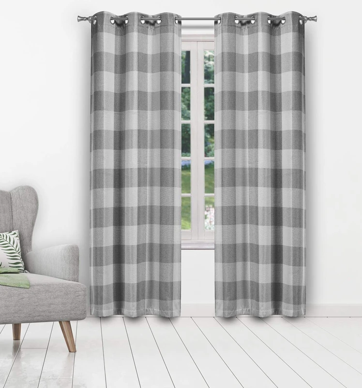 Blackout 365 Aaron Buffalo Check Window Curtain, 37x108 (2 Pieces), Grey - Image 1