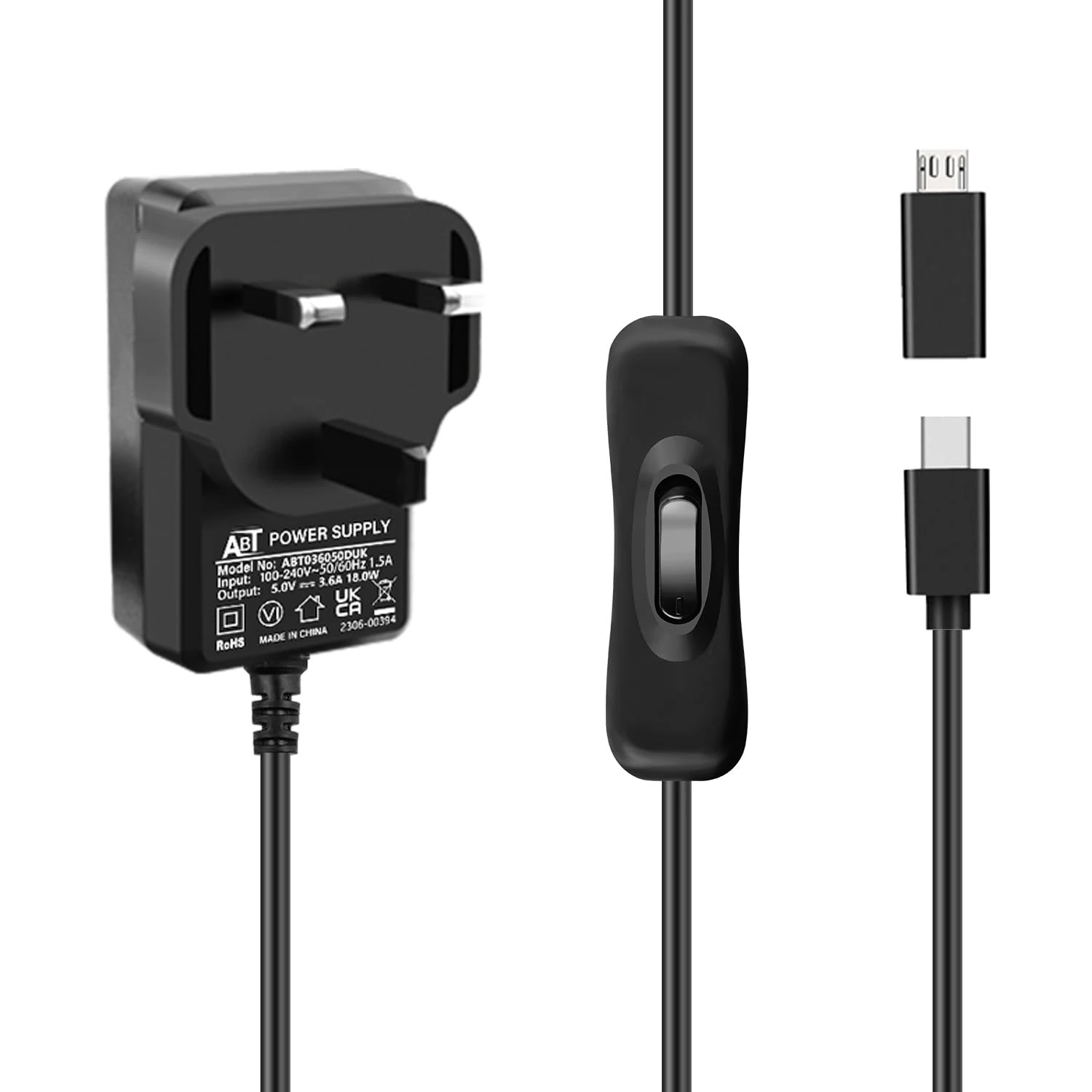 GeeekPi USB-C Power Supply UK Plug for Raspberry Pi 4 With On/Off Switch,5V 3.6A Type C PSU with Micro USB Adapter for Raspberry Pi 4B/3B+/3B/Orange Pi 5 /5B /5 Plus