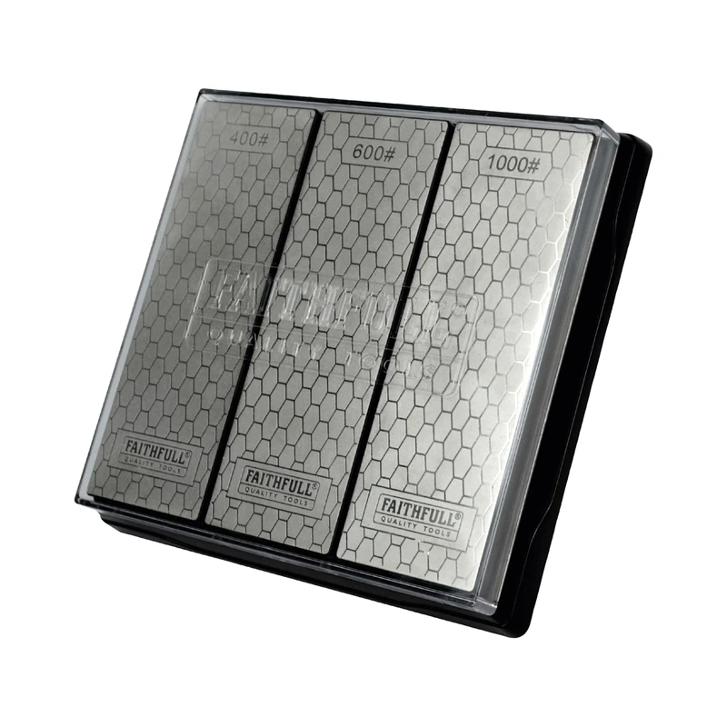 Faithfull Diamond Whetstone Kit – 3-in-1 Sharpening System with 400G / 600G / 1000G Grit Stones for Knives, Chisels, Scissors & Cutting Tools